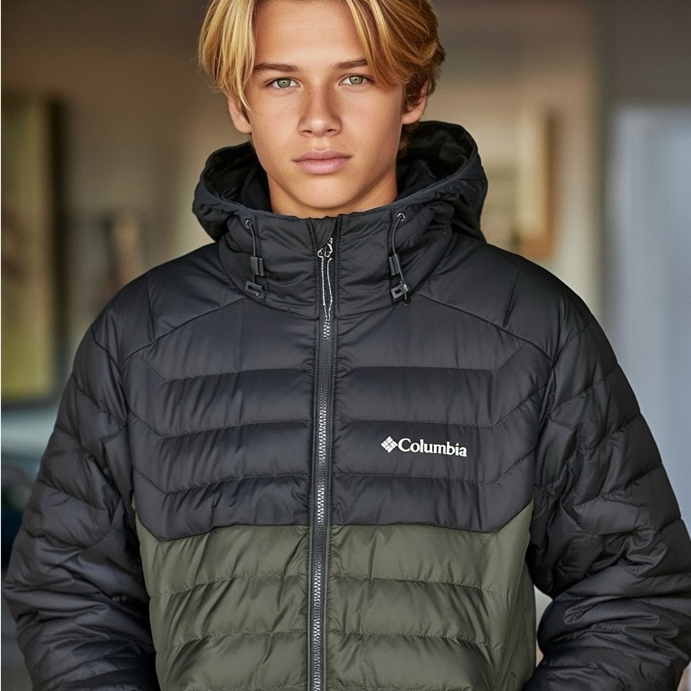 Columbia Black and Olive sleek but warm Puffer Jacket with Omni Heat Technology